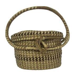 Vintage Handmade Sweetgrass Basket Purse Handled with Lid  Folk Art 8X8x 5